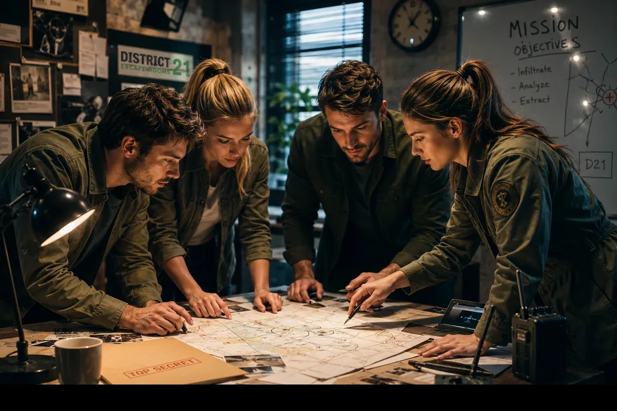 Sfeerbeeld uit de website van District 21 met een team tijdens een missie