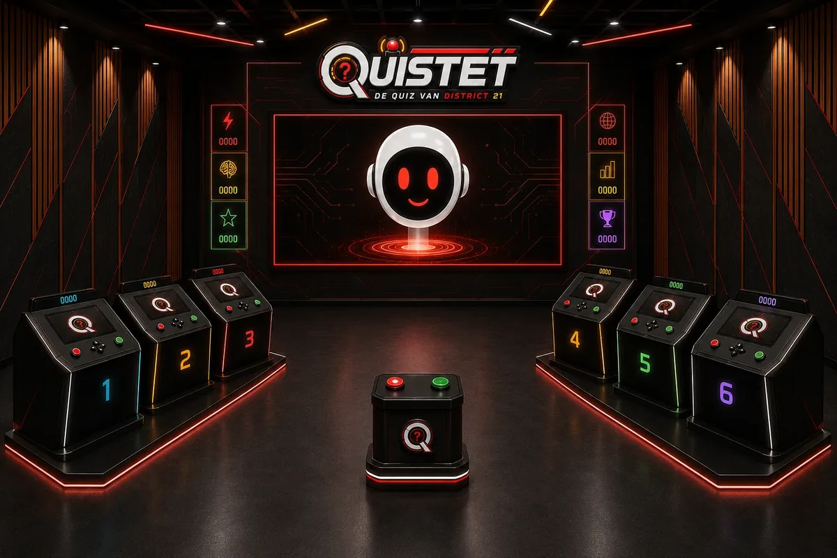Conceptbeeld van de geplande Quistet-arena met spelersdesks en een scherm voor de AI-host